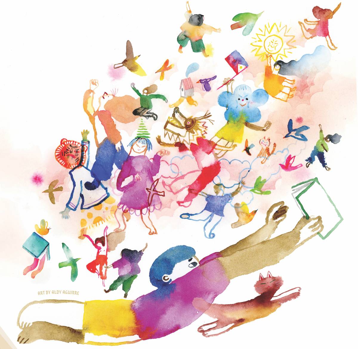 The National Children’s Book Day celebration poster features art by Aldy Aguirre, illustrating the joys of reading.